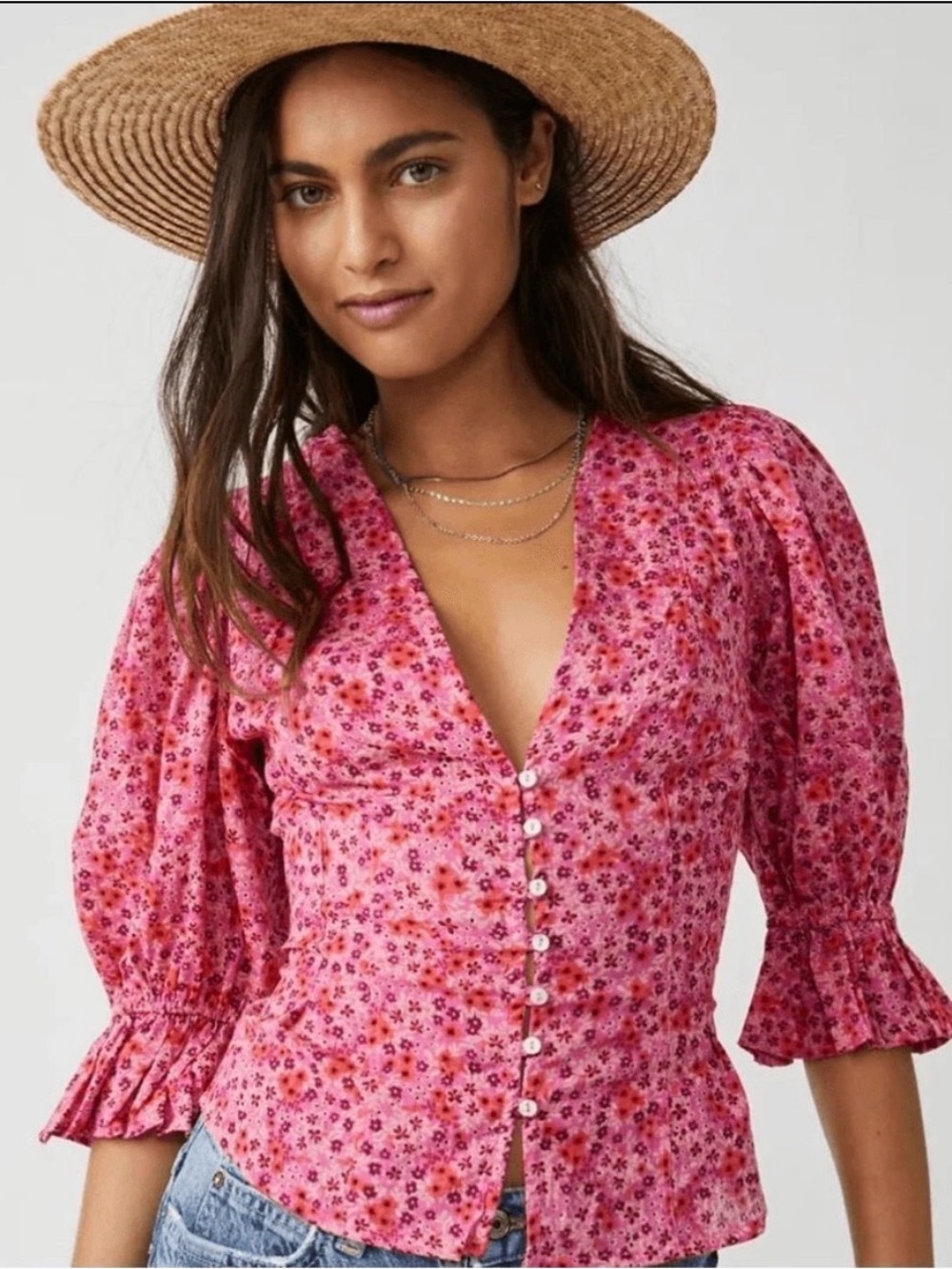 Free People I Found You Pink Floral Blouse L (Fits Smaller)